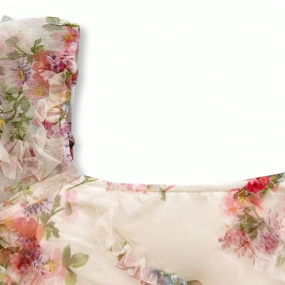 Multicolor Elegant Women's Romantic Floral Mesh Midi Dress - Picture 6 of 7